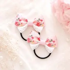 ハンドメイド　キッズリボンヘアゴム2個セット　ピンク　花柄
