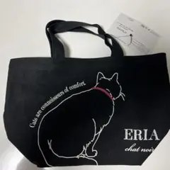 タグ付き　ファスナー付　トートバック　ERIA ランチバッグ　猫　黒