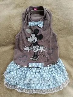 ミニーマウス犬服 グレーブラウン&水色ドットワンピ　フリル付きで可愛い　Ｓ