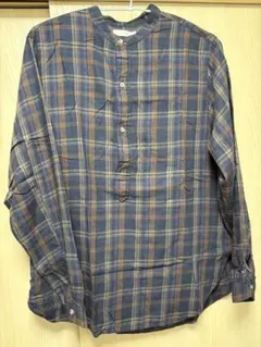 LIDNM リドム バンドカラー チェック シャツ 長袖 ネイビー系