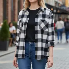 【Y279】モノトーンチェック長袖シャツ 黒白 ゆるシルエット 着回し万能