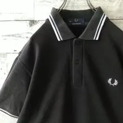 イングランド製 フレッドペリー 刺繍ロゴ リブライン ポロシャツ L 黒×青薄紫