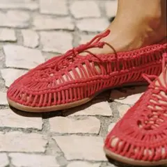 ZARA ザラ 編み込み レースアップシューズ レッド フラットシューズ