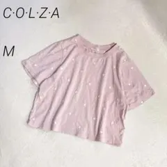 C·O·L·Z·A　ハート刺繍　Tシャツ　ショート丈　コットン　半袖　総柄