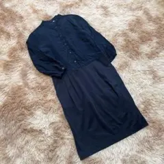 無印良品（S）ワンピース 七分袖 とろみ素材 ロング丈 バイカラー 薄手 定番