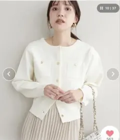 大人気　【natural couture】ポリニット金釦ポケ付きカーディガン