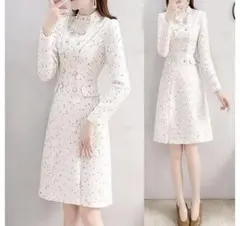 新品 ツイード調膝丈ワンピース ホワイト キレイめ 長袖 Aライン L