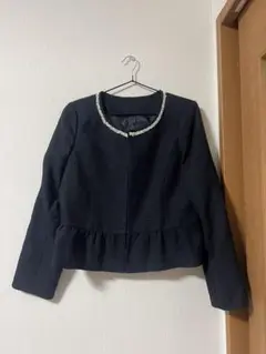 ネイビー ノーカラージャケット フリル裾　XXL