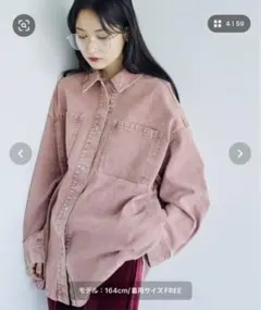 未使用に近い レプシム　フリンジパッチ　ピンクBIGデニムシャツ くすみピンク