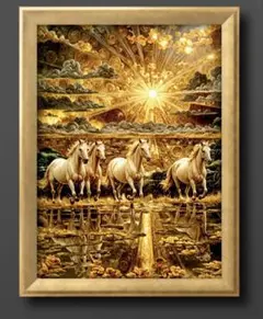 黄金の光　未来を駆け抜ける吉兆の四馬　額縁付き　開運グラフィックアート
