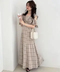 バックレースアップフリルワンピース チェック柄