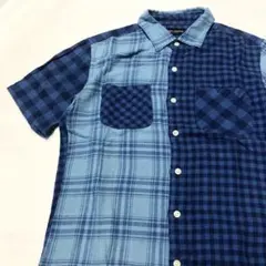 【美品】ナノユニバース クレイジーパターンチェックシャツ S 半袖 青紺空色
