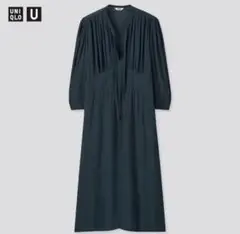 【新品】ユニクロ ビスコース ボウタイワンピース 七分袖 Mサイズ ネイビー