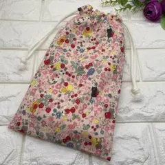 442＊ハンドメイド＊縦長巾着　巾着袋 　　　お花とフルーツとネコ