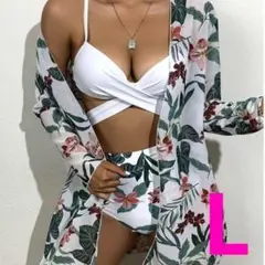 ３点セット 花柄 L 大人可愛い ビキニ ハイウエスト 韓国水着 体型カバー