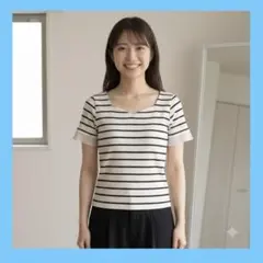 ボーダー柄 リブカットソー 半袖 ホワイト ブラック