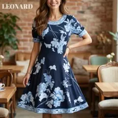 a34【極美品】LEONARD レオナール 花柄 半袖ワンピース 腰リボン L a34【極美品】LEONARD レオナール 花柄 半袖ワンピース 腰リボン L