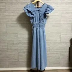 Rady デニム風ロングワンピース フリル袖 Vネックリボン M