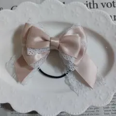 くすみピンクリボンヘアゴム