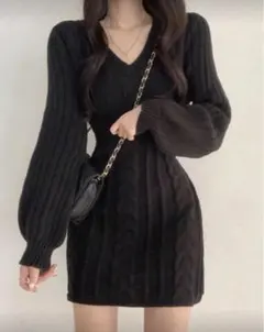 Shein Vネック　ケーブルニット　ワンピース　ブラック