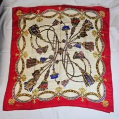 【特大106cm】ランセル スカーフ シルク タッセル チェーン 赤