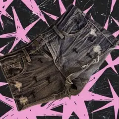 ✝️Y2Kローライズジーンズ／ダメージ加工ダークデニムショートパンツ✝️