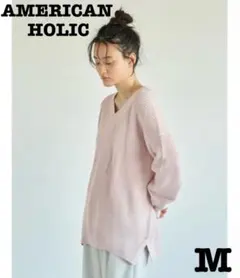 アメリカンホリック　Vネック片畦サイドスリットニットプルオーバー　ピンク　Ｍ