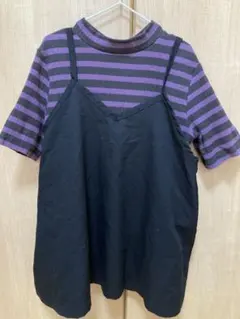 GU紫と黒のストライプ 半袖リブTシャツと黒ビスチェ150のセット