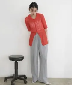 新品 LIAN メッシュ半袖ポロニット フリーサイズ レッド 赤