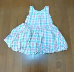 100サイズピンク水色チェック柄ノースリーブ ワンピース