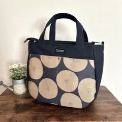 倉敷8号帆布ラウンドトートバッグM ネイビー×あんぱん柄　ファスナー開閉