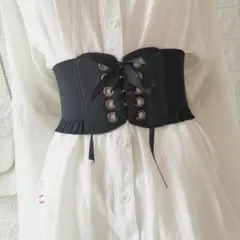 ▲サッシュベルト コルセット 黒 ブラック ゴムベルト リボン スナップボタ