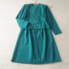 b シルク混 昭和レトロ セットアップ バブリースーツ ノーカラージャケット 緑