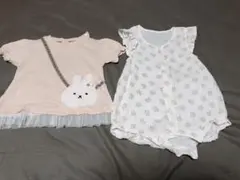 うさぎポシェットデザインTシャツと花柄ロンパースセット