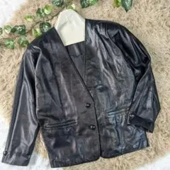 レザージャケット ノーカラー 韓国製 黒 羊革 肩パッド ブルゾン 本革