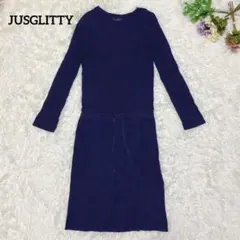 a799【ジャスグリッティー】リブニットワンピース 紺 切り替え カジュアル