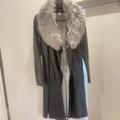 レザー ファー付き ブラック ロングコート Lサイズ