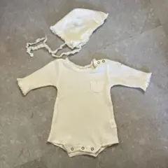 アイボリー リブ編みロンパース 帽子付き　60cm PUPPAPUPO