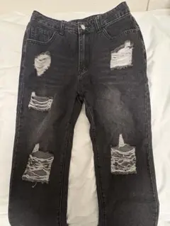 162㎝ デニム ブラック ダメージ加工 ワイドレッグパンツ