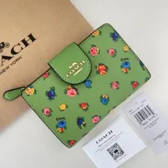 COACH コーチ 折り財布 ネオングリーン 緑色 ヴィンテージローズ 花柄 