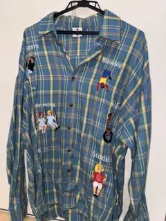 【HOOK】レトロ調人物刺繍チェック柄長袖シャツ