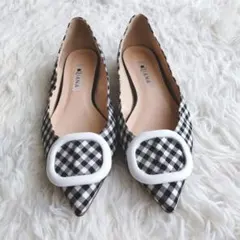 美品 DIANA ギンガムチェック柄 ローヒールパンプス バックル/22.5cm