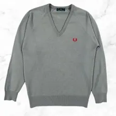 希少 FRED PERRY ニット 英国製 緑タグ 36 S グレー Vネック