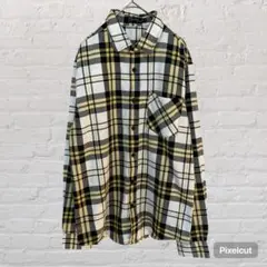 11030 長袖チェック柄シャツ 白 黄色 前開き カットソー XL大きいサイズ