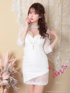 an 七分袖　レース　ミニ　キャバドレス　ホワイト　リボン　xs