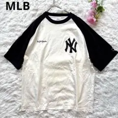 MLBワッペン刺繍 ビッグシルエット ラグラン半袖Tシャツ【M】ヤンキース　白黒