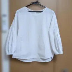 トップス　綿　ホワイト バルーン五分袖 クルーネック シャツ
