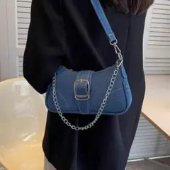 【おすすめ商品】デニム風 バックル装飾のショルダーバッグ　ブルー
