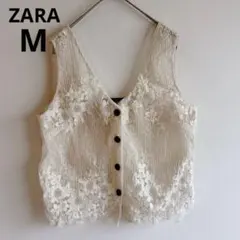 6183ザラ【美品】レースジレ　オーガンジーシアーベスト　vネックレイヤード刺繍