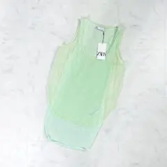 新品未使用タグ付 ZARA レイヤード風シースルータンクトップ 緑S*LD292